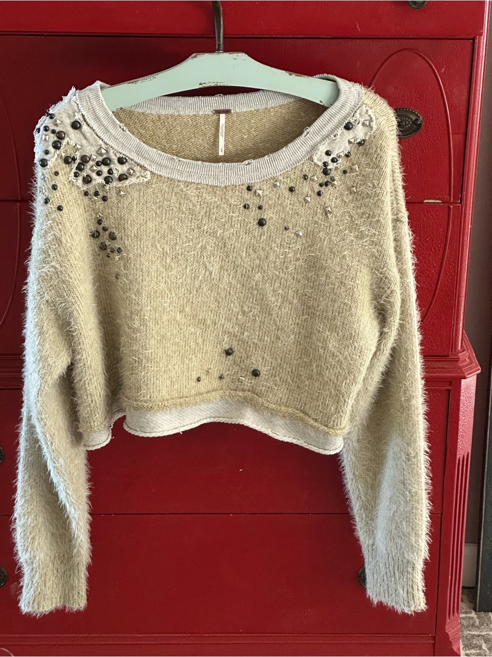 Free People Cream Fuzzy Cropped Crewneck Sweater with Beaded Detail
